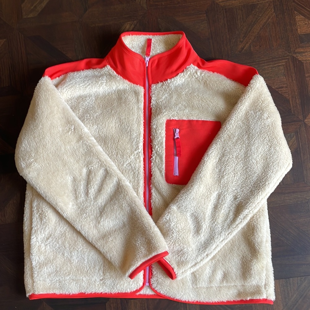 J.Crew Fleece Jacket - natural sherpa with orange and pink accents.